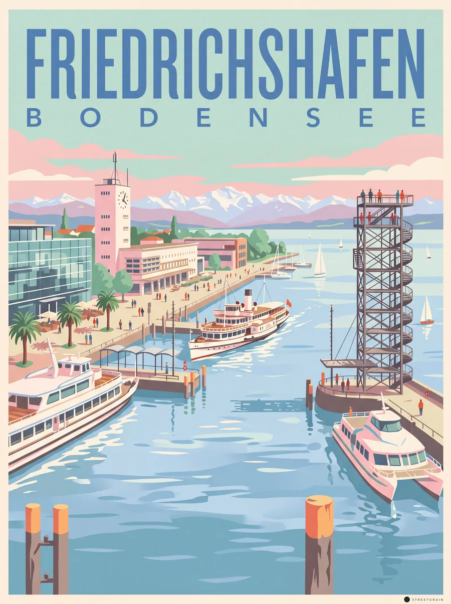 Hafen Friedrichshafen mit Moleturm, Schiffen und Alpen, Mid-Century