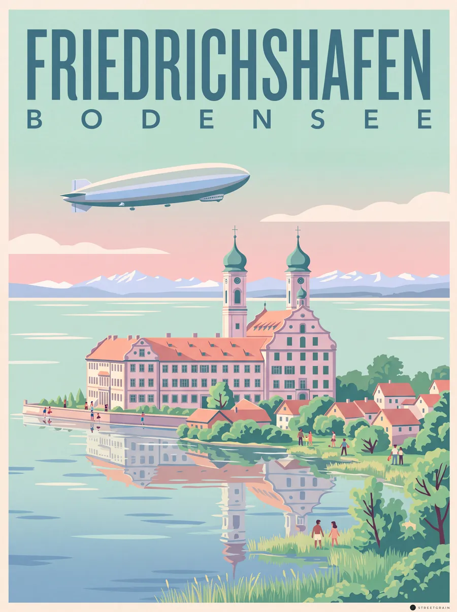 Schlosskirche Friedrichshafen am Bodensee mit Zeppelin, Mid-Century