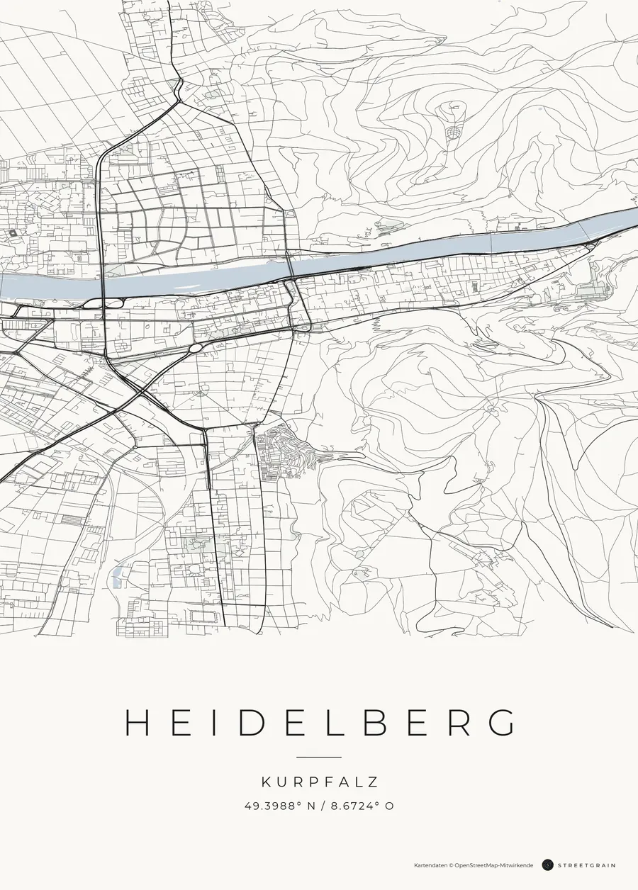 Heidelberg-Karte in dunkle Straßen auf Weiß