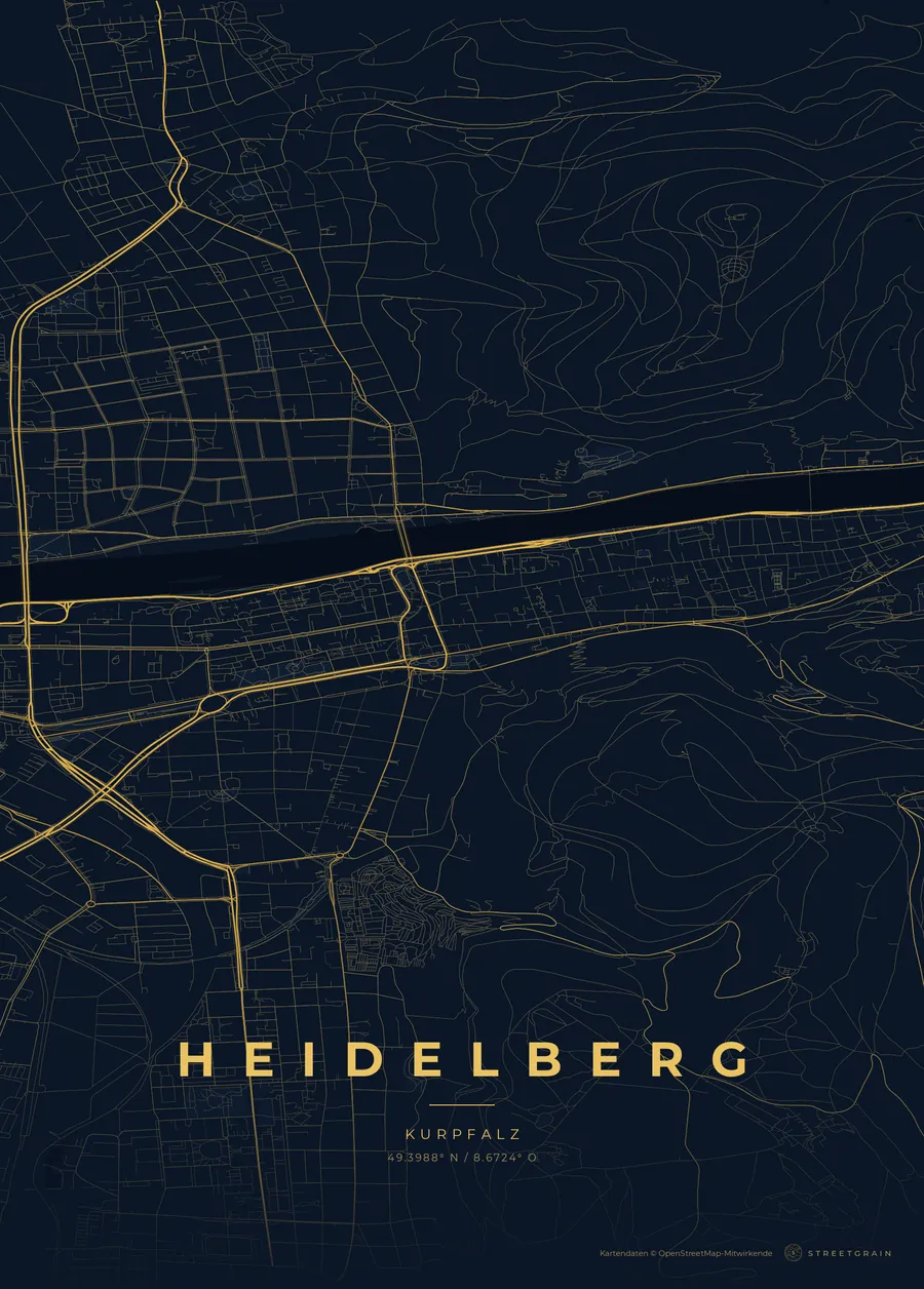 Heidelberg-Karte in Nachtblau mit goldenen Hauptstraßen