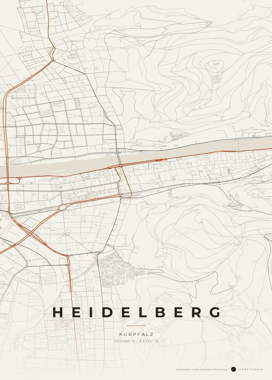 Heidelberg-Karte in Papierweiß mit rostroten Hauptstraßen