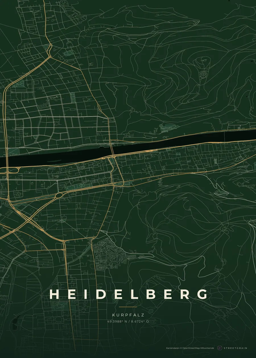 Heidelberg-Karte in Schwarzwaldgrün mit cremefarbenen Straßen