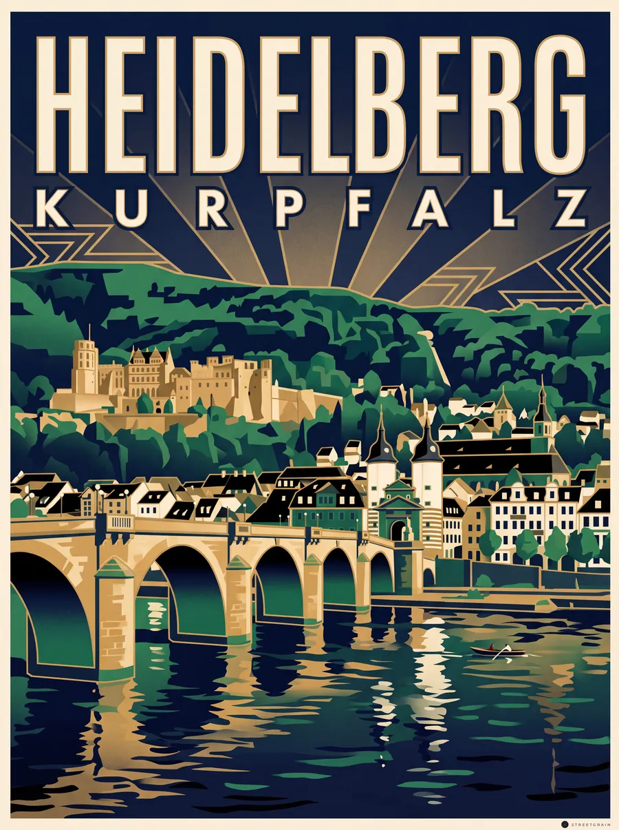 Alte Brücke in Heidelberg mit Brückentor, Altstadt und Schloss, Art déco