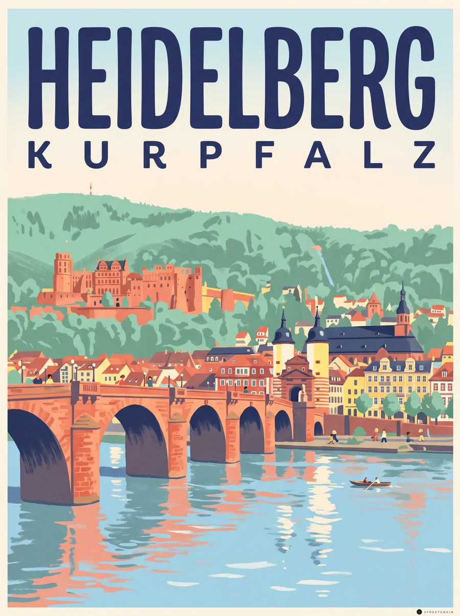Alte Brücke in Heidelberg mit Brückentor, Altstadt und Schloss, Mid-Century