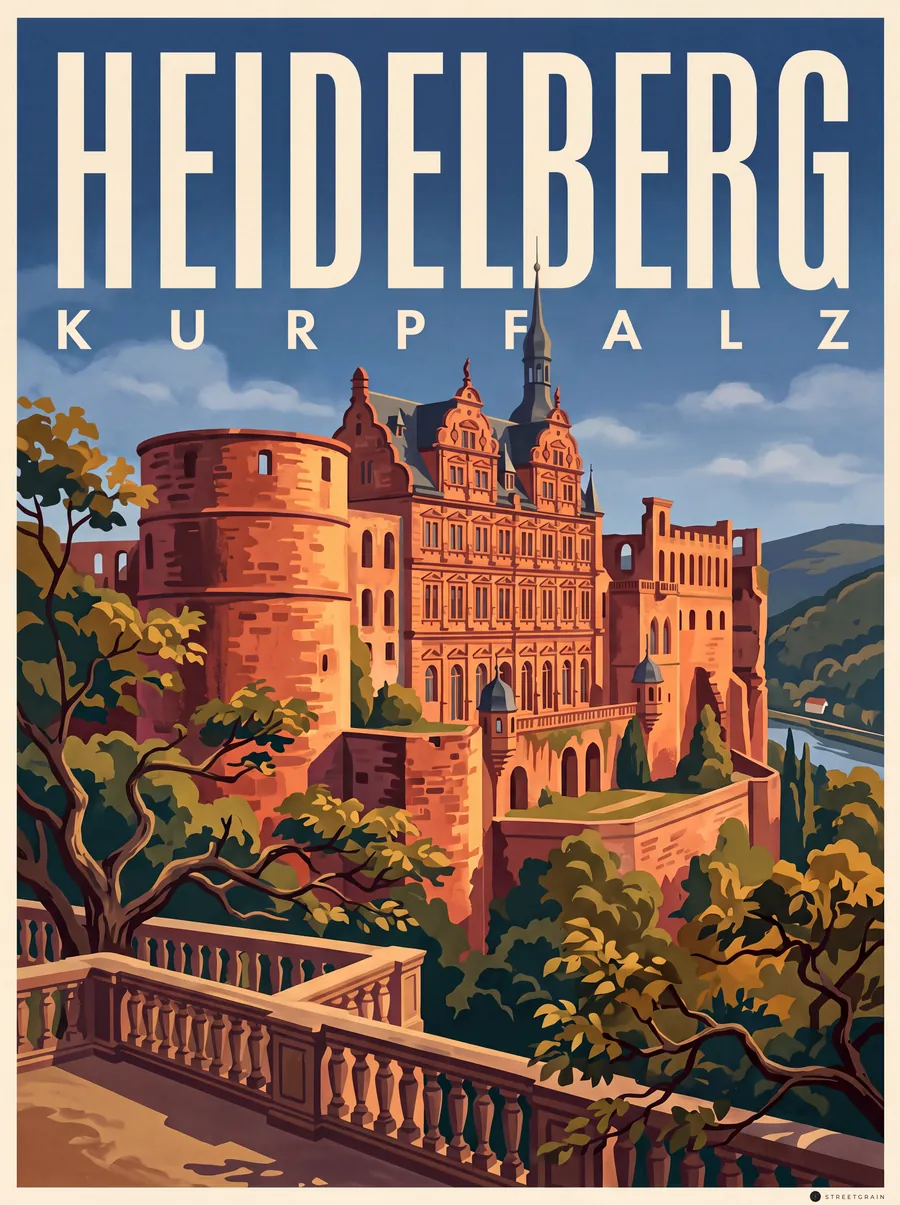 Heidelberger Schloss aus rotem Sandstein über dem Neckartal, Malerisch