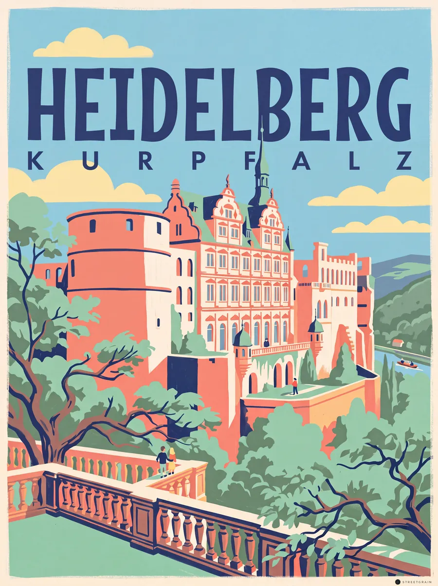 Heidelberger Schloss aus rotem Sandstein über dem Neckartal, Mid-Century