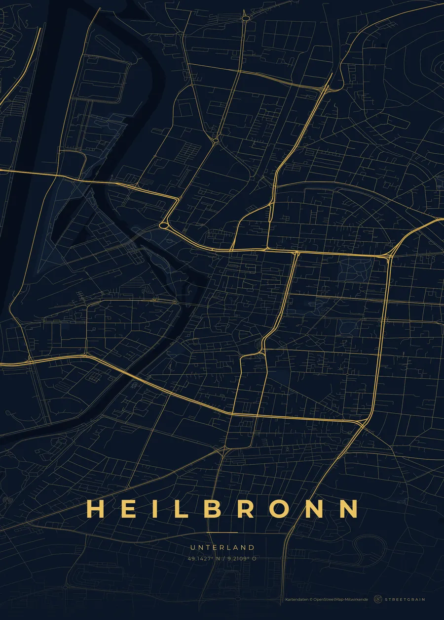 Heilbronn-Karte in Nachtblau mit goldenen Hauptstraßen