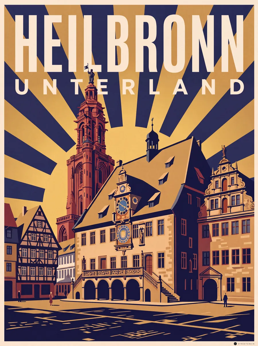 Heilbronner Marktplatz mit Rathaus, Kunstuhr und Kiliansturm, Art déco