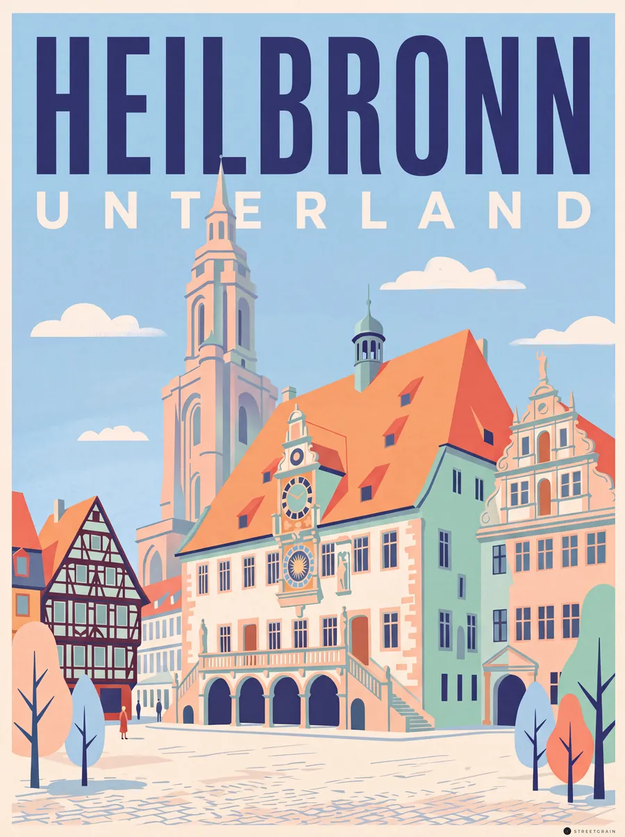 Heilbronner Marktplatz mit Rathaus, Kunstuhr und Kiliansturm, Mid-Century