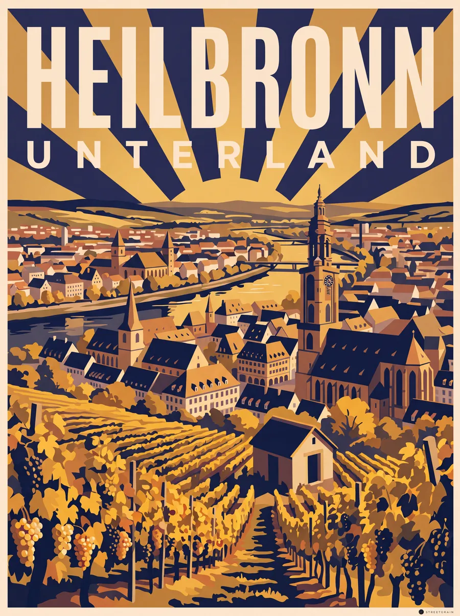 Heilbronn aus den Weinbergen mit Kiliansturm und Neckar, Art déco