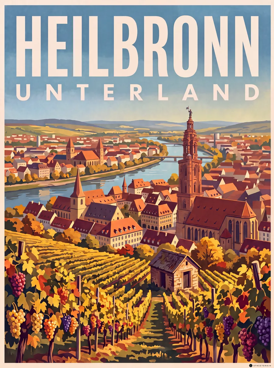 Heilbronn aus den Weinbergen mit Kiliansturm und Neckar, Malerisch