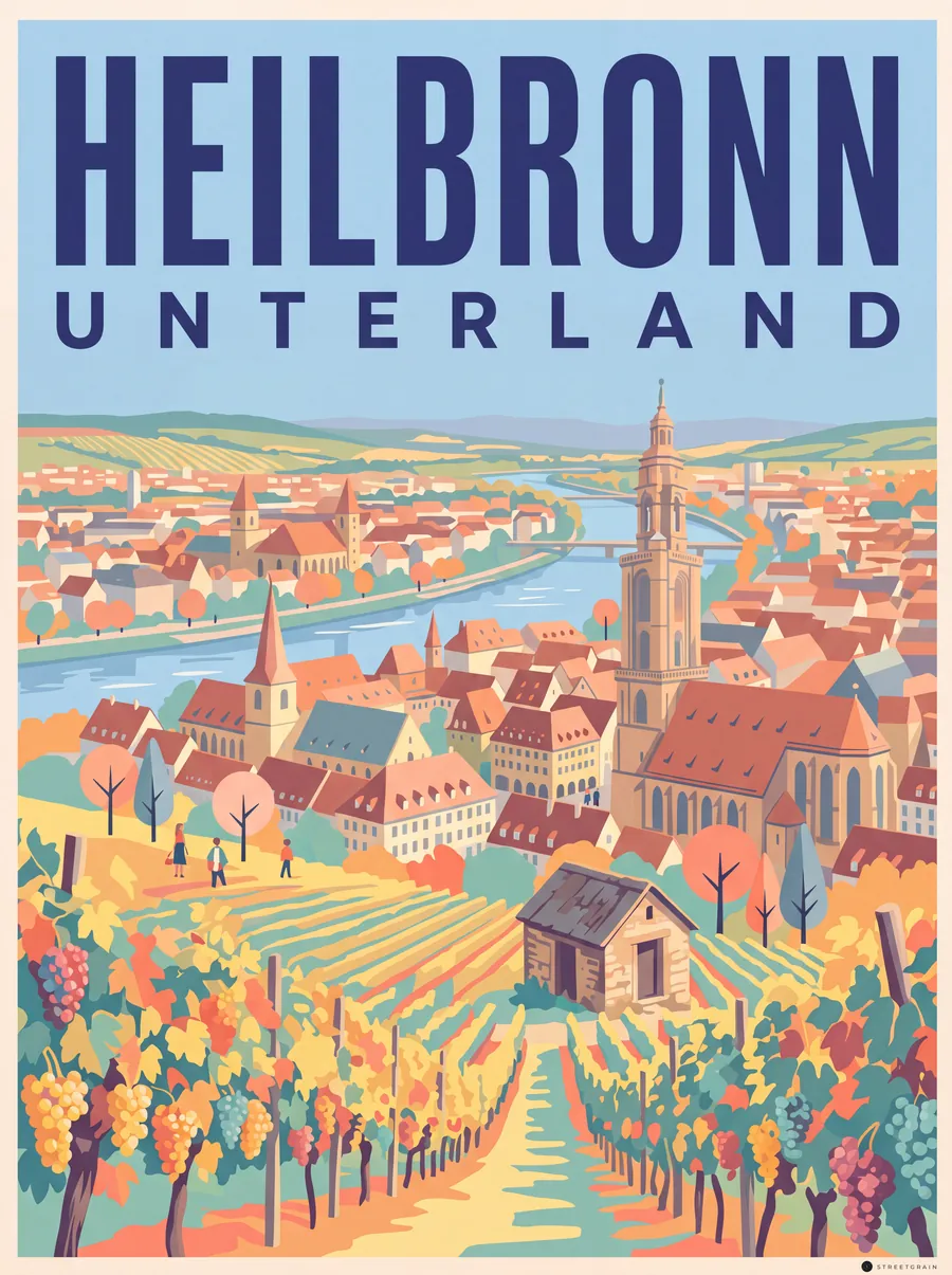 Heilbronn aus den Weinbergen mit Kiliansturm und Neckar, Mid-Century