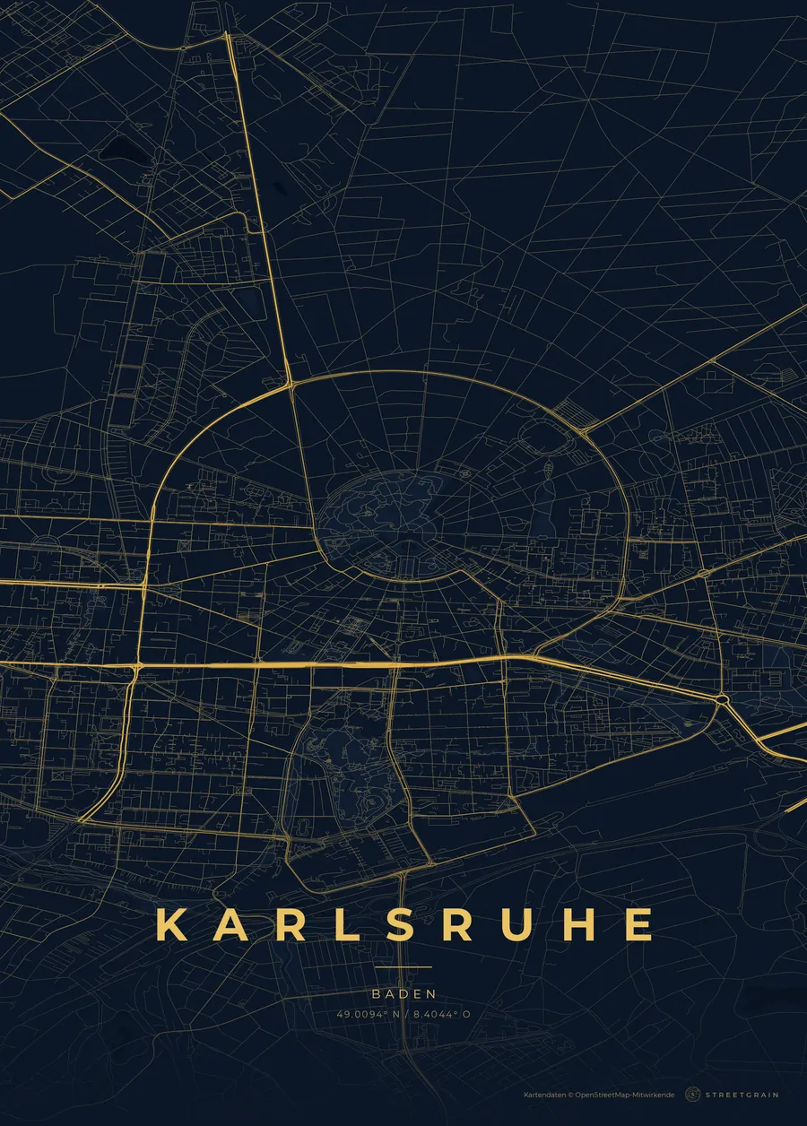 Karlsruhe-Karte in Nachtblau mit goldenen Hauptstraßen