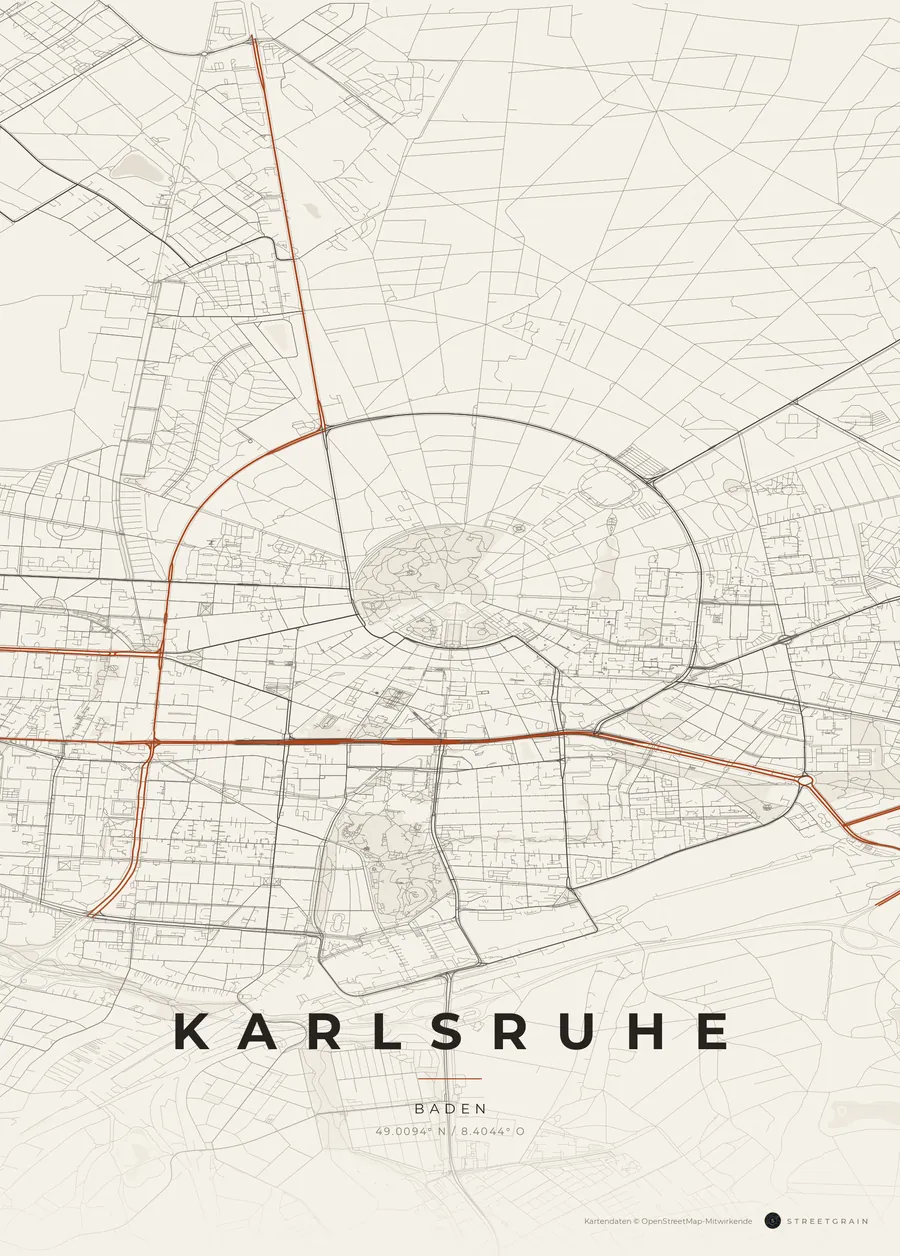 Karlsruhe-Karte in Papierweiß mit rostroten Hauptstraßen