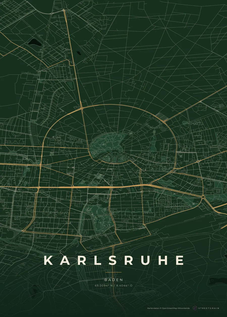 Karlsruhe-Karte in Schwarzwaldgrün mit cremefarbenen Straßen