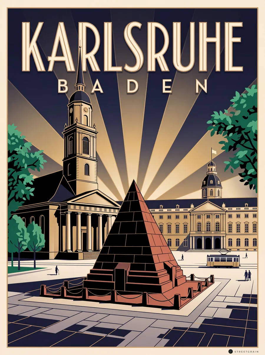 Karlsruher Marktplatz mit Pyramide und Evangelischer Stadtkirche, Art déco