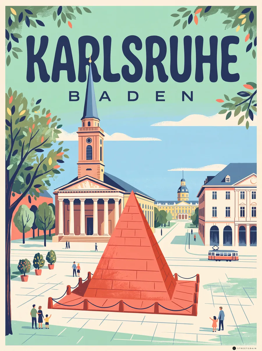 Karlsruher Marktplatz mit Pyramide und Evangelischer Stadtkirche, Mid-Century