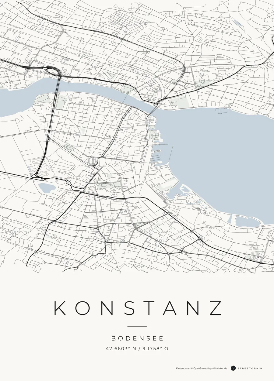 Konstanz-Karte in dunkle Straßen auf Weiß
