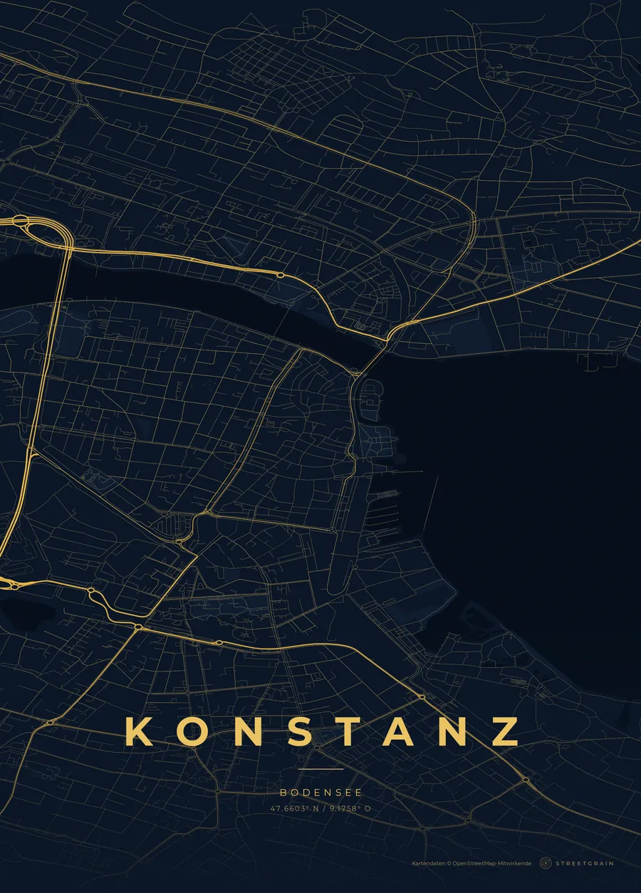 Konstanz-Karte in Nachtblau mit goldenen Hauptstraßen