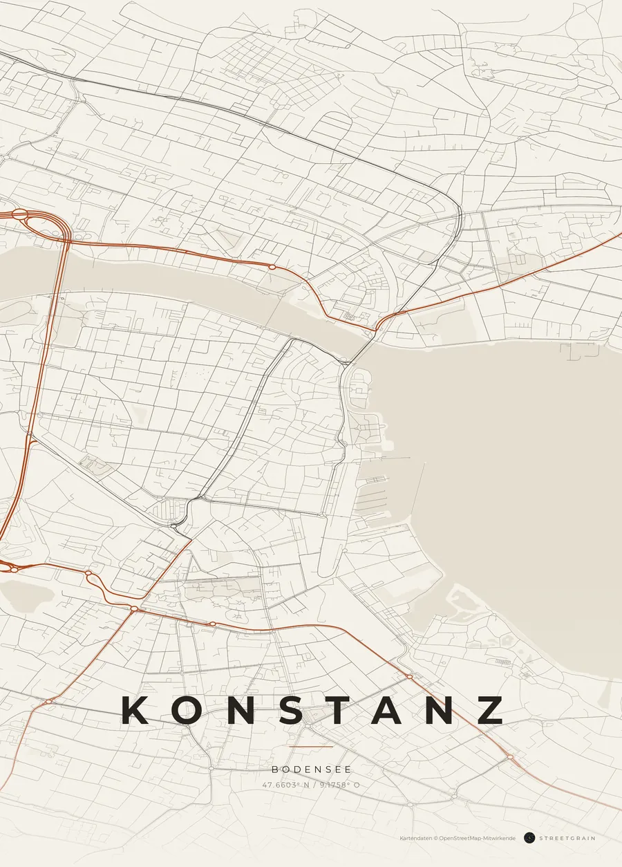 Konstanz-Karte in Papierweiß mit rostroten Hauptstraßen