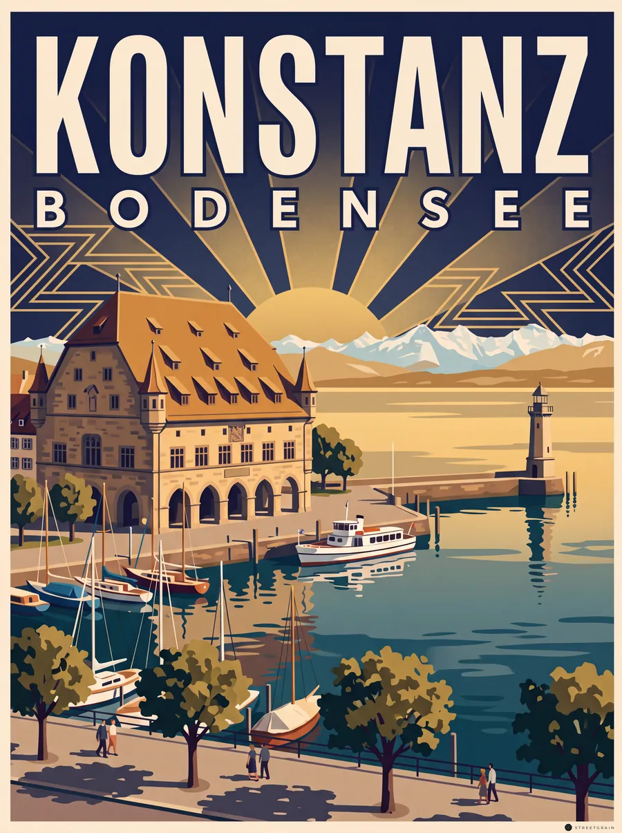Konstanzer Hafen mit Konzilgebäude, Leuchtturm und Alpenblick, Art déco