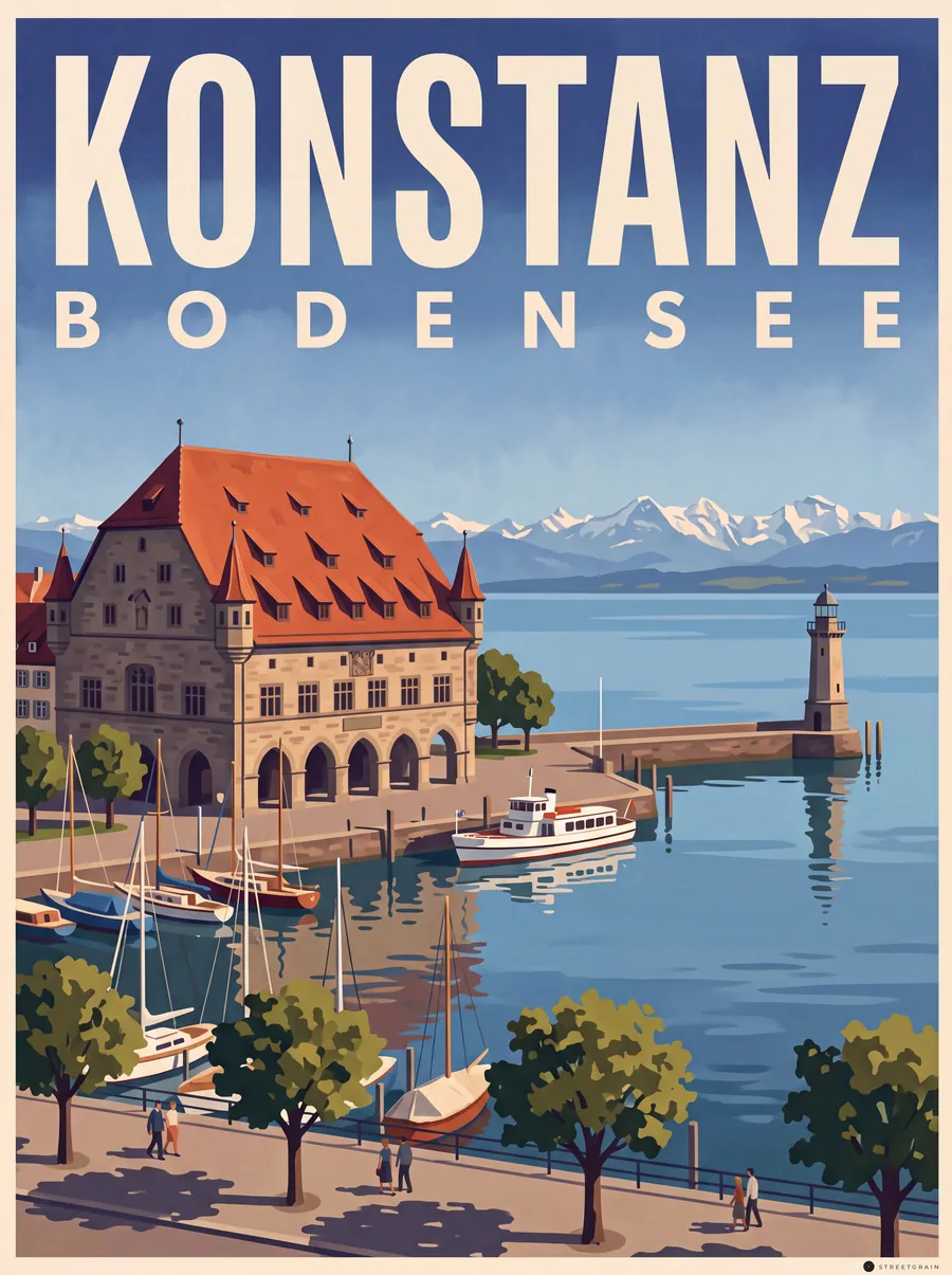 Konstanzer Hafen mit Konzilgebäude, Leuchtturm und Alpenblick, Malerisch