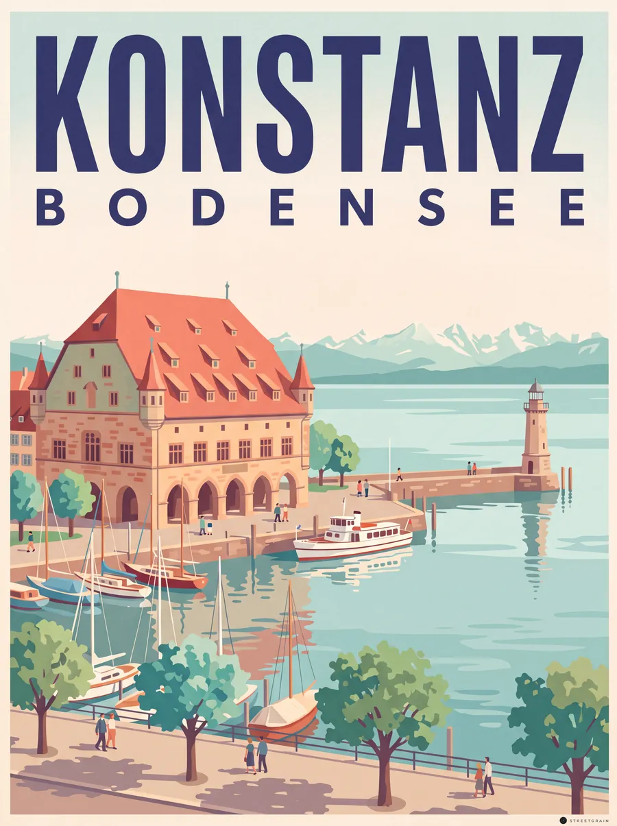 Konstanzer Hafen mit Konzilgebäude, Leuchtturm und Alpenblick, Mid-Century