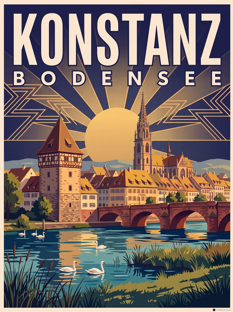Konstanz über den Rhein mit Rheintorturm, Rheinbrücke und Münster, Art déco