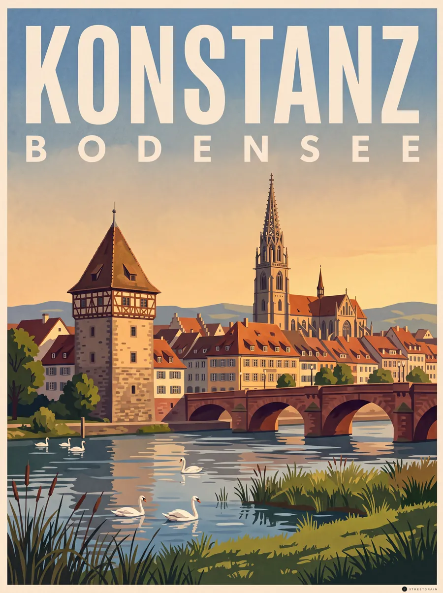 Konstanz über den Rhein mit Rheintorturm, Rheinbrücke und Münster, Malerisch
