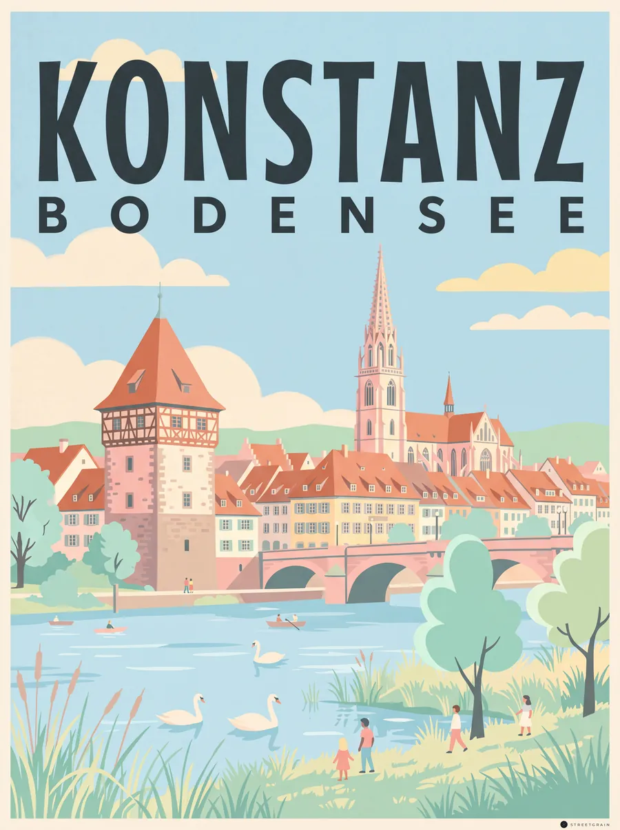 Konstanz über den Rhein mit Rheintorturm, Rheinbrücke und Münster, Mid-Century