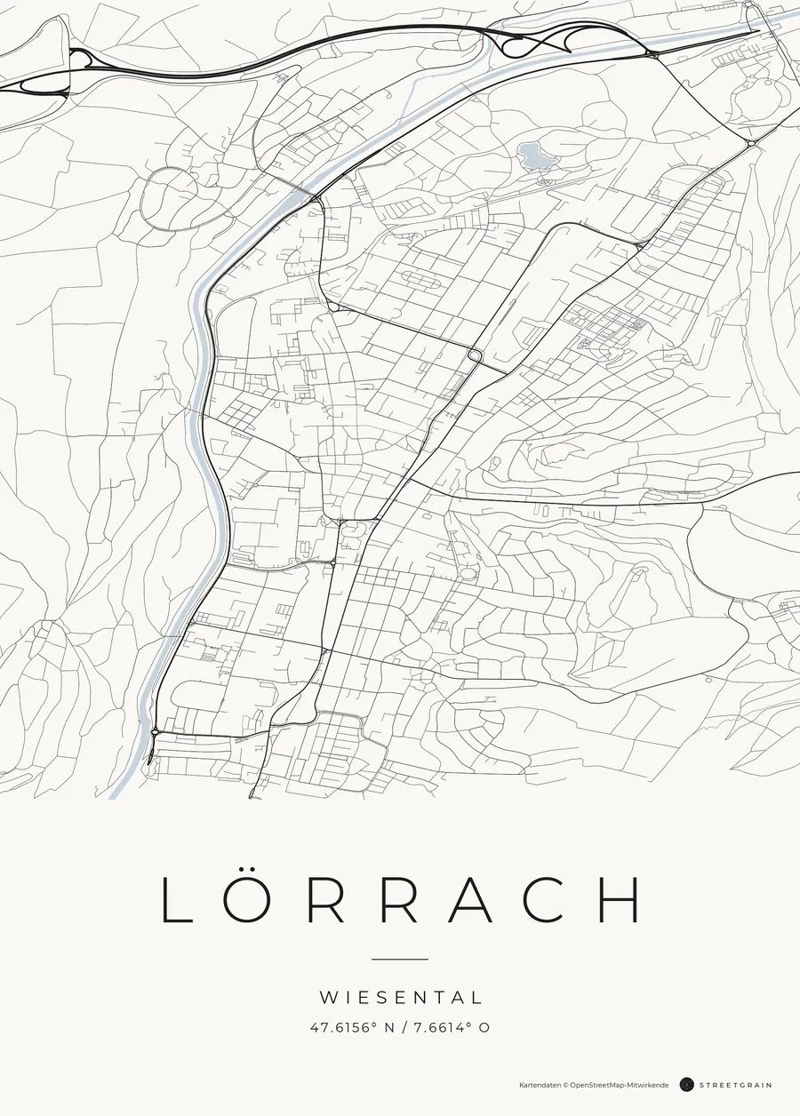 Lörrach-Karte in dunkle Straßen auf Weiß