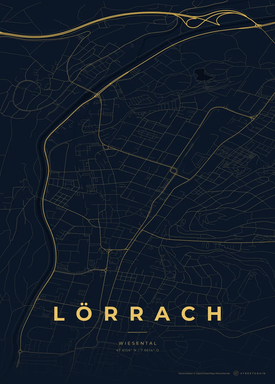 Lörrach-Karte in Nachtblau mit goldenen Hauptstraßen