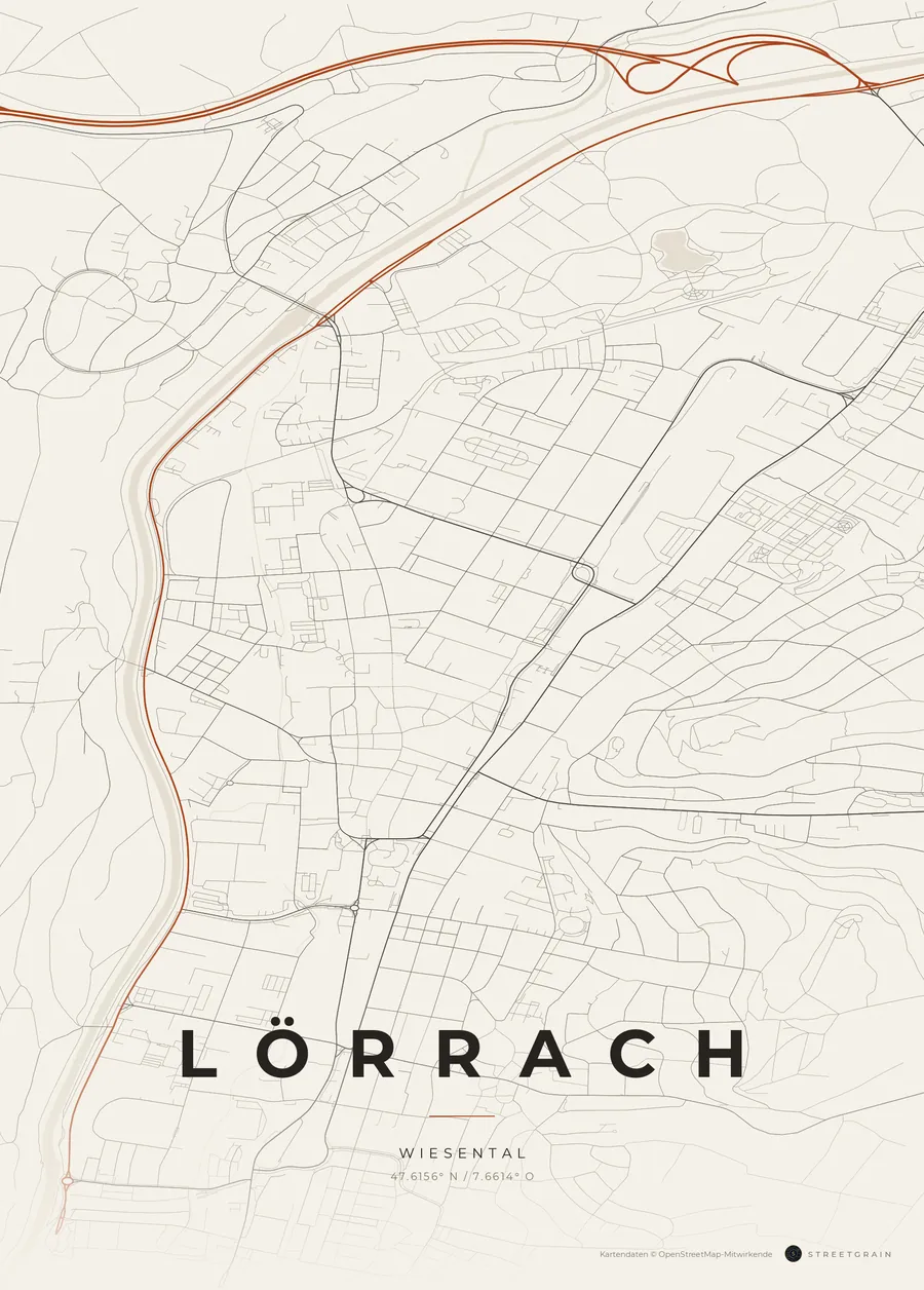 Lörrach-Karte in Papierweiß mit rostroten Hauptstraßen