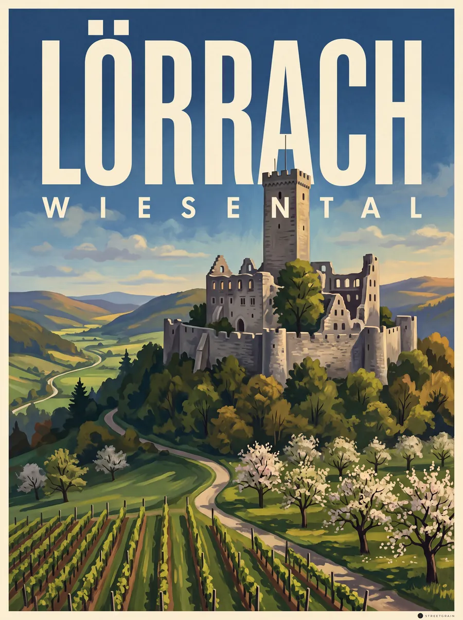 Burg Rötteln über dem Wiesental mit Reben und Obstbäumen, Malerisch