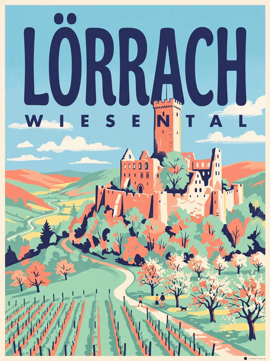 Burg Rötteln über dem Wiesental mit Reben und Obstbäumen, Mid-Century