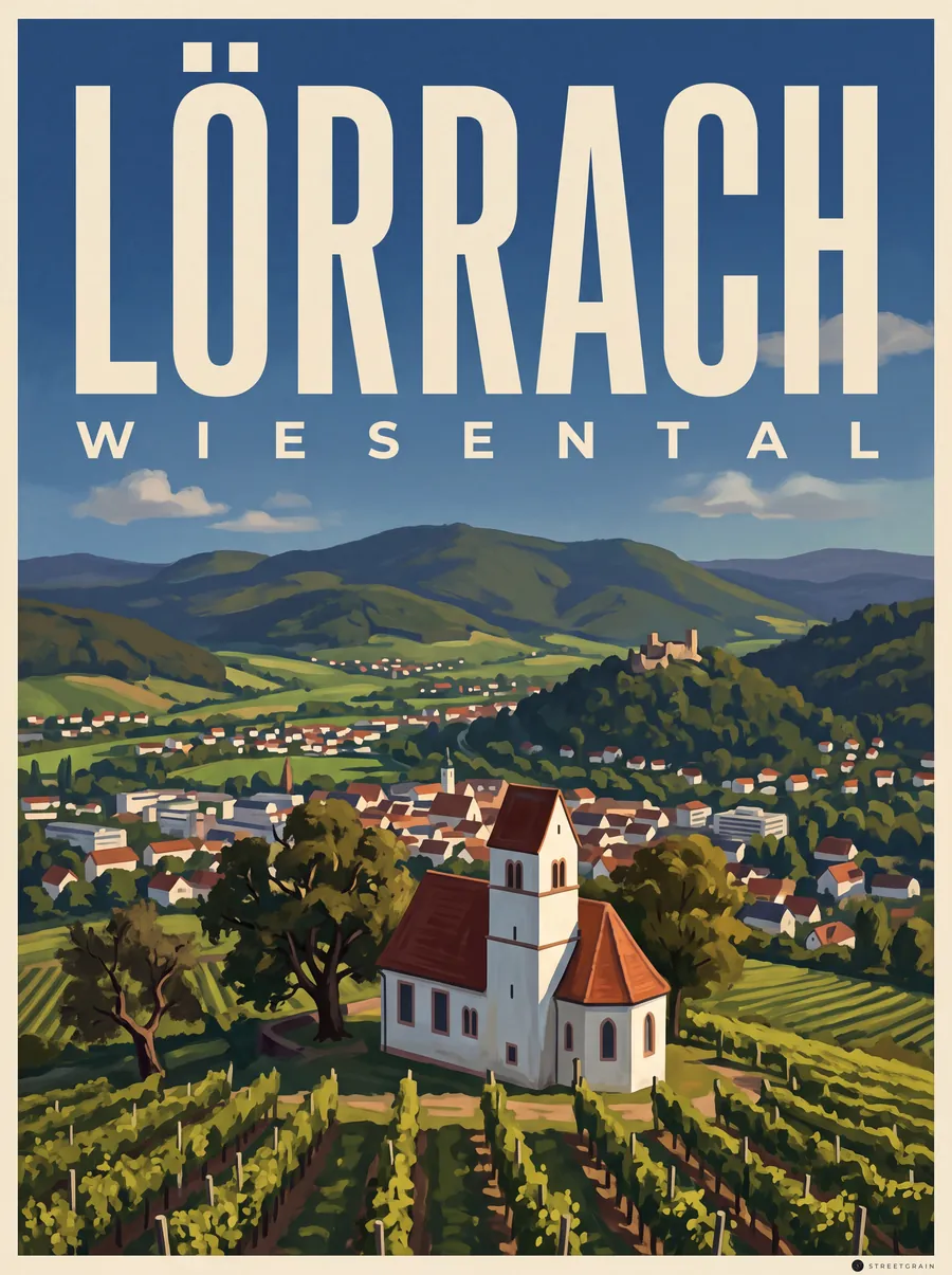 Blick vom Tüllinger Berg mit Kirche und Reben auf Lörrach, Malerisch