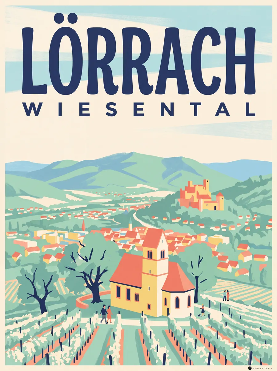Blick vom Tüllinger Berg mit Kirche und Reben auf Lörrach, Mid-Century