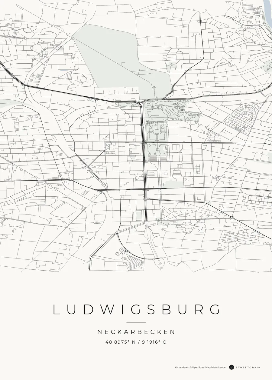 Ludwigsburg-Karte in dunkle Straßen auf Weiß