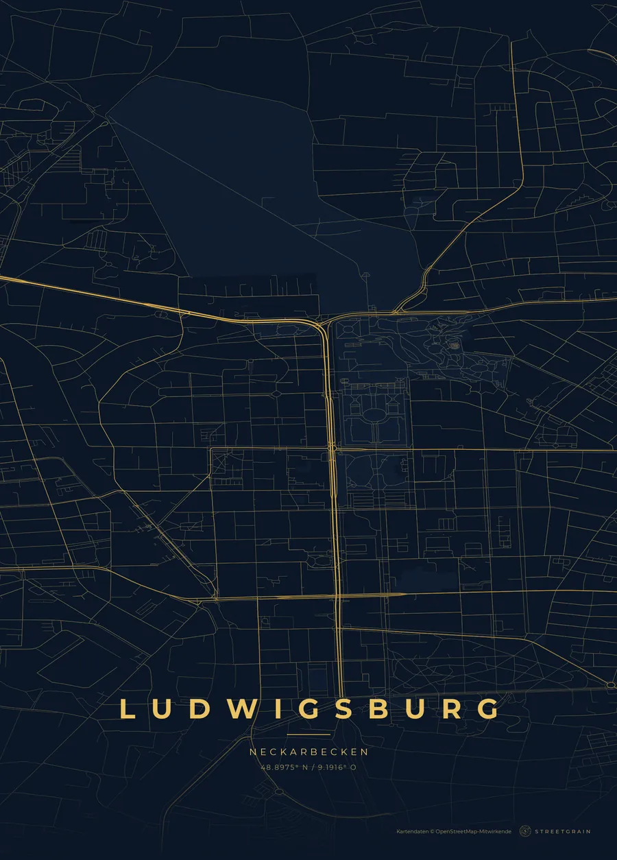 Ludwigsburg-Karte in Nachtblau mit goldenen Hauptstraßen