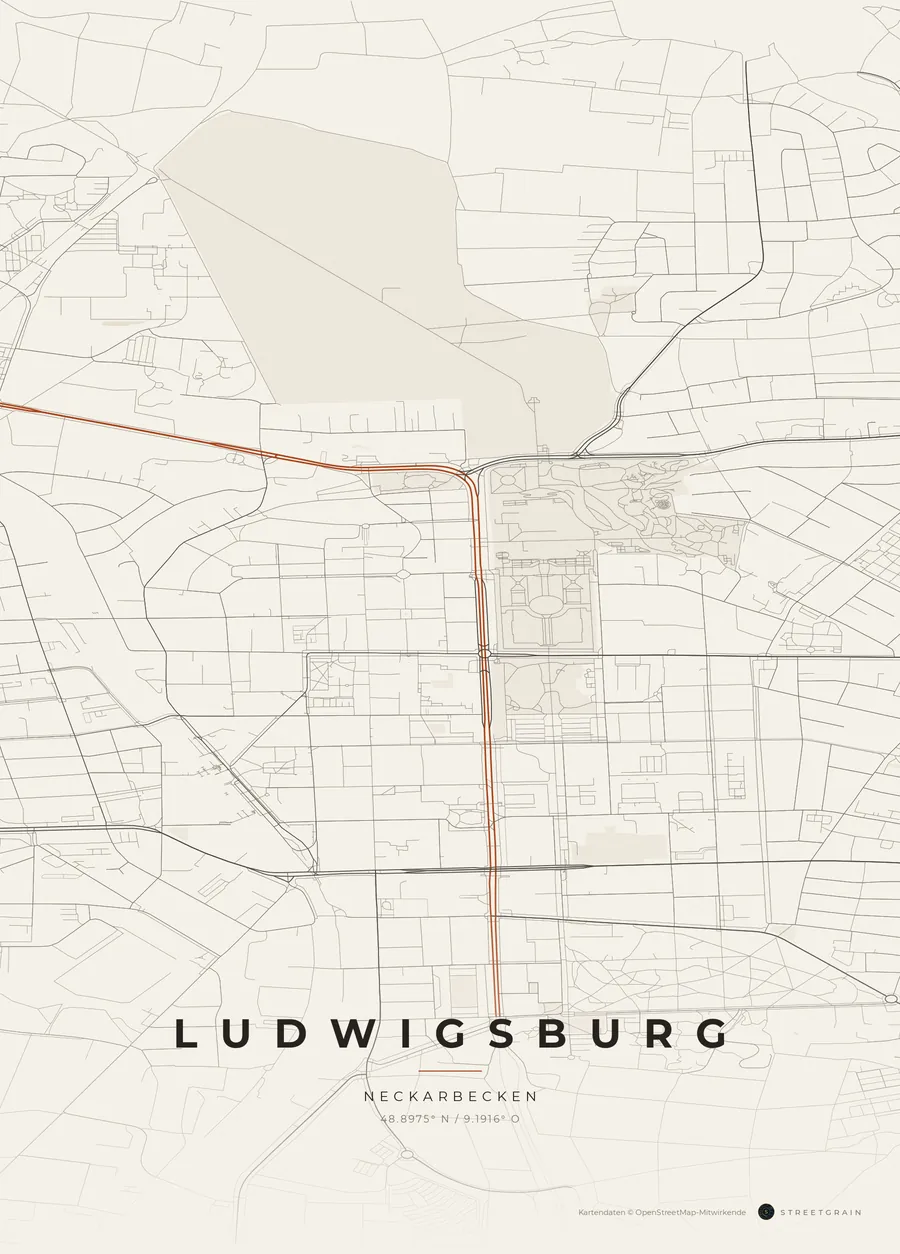 Ludwigsburg-Karte in Papierweiß mit rostroten Hauptstraßen