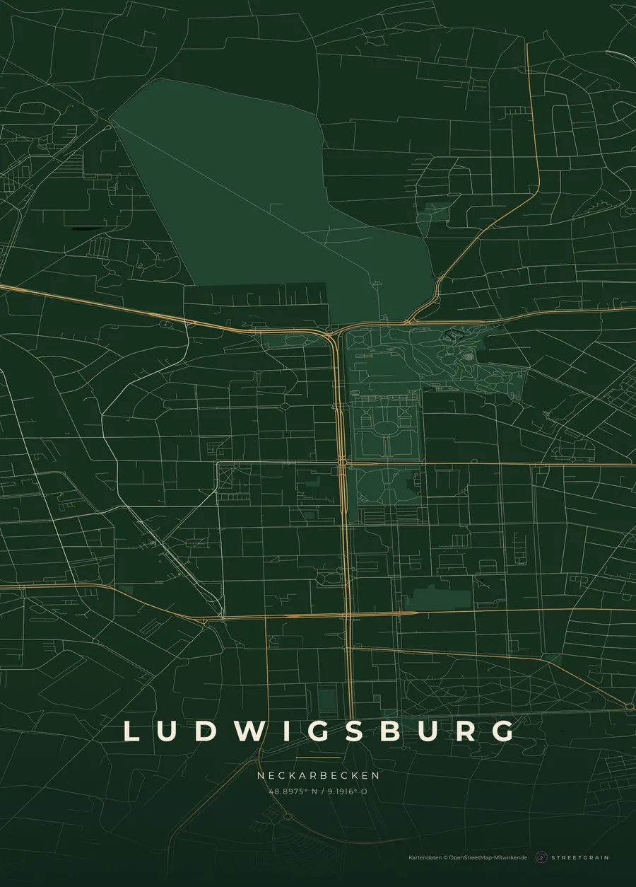 Ludwigsburg-Karte in Schwarzwaldgrün mit cremefarbenen Straßen