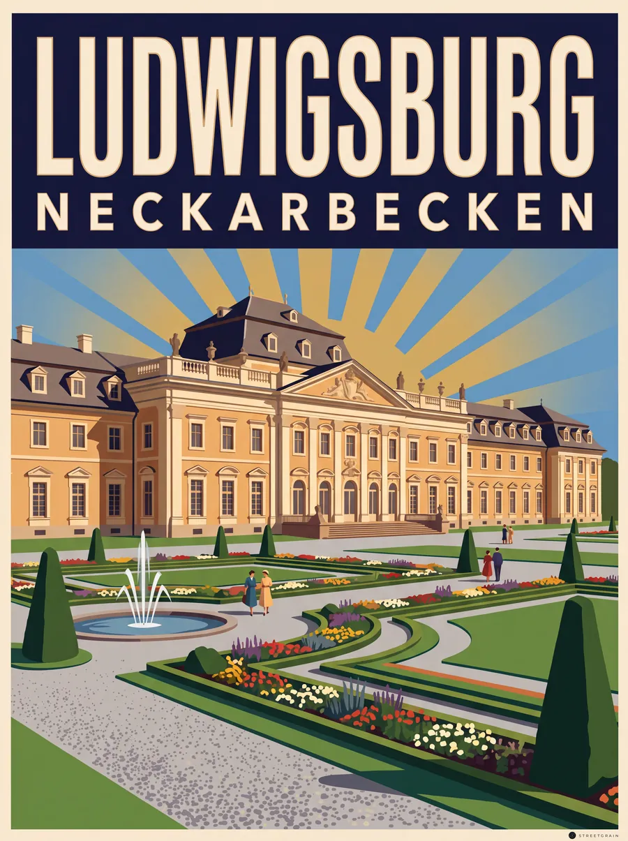 Ludwigsburger Residenzschloss mit Barockgarten und Springbrunnen, Art déco