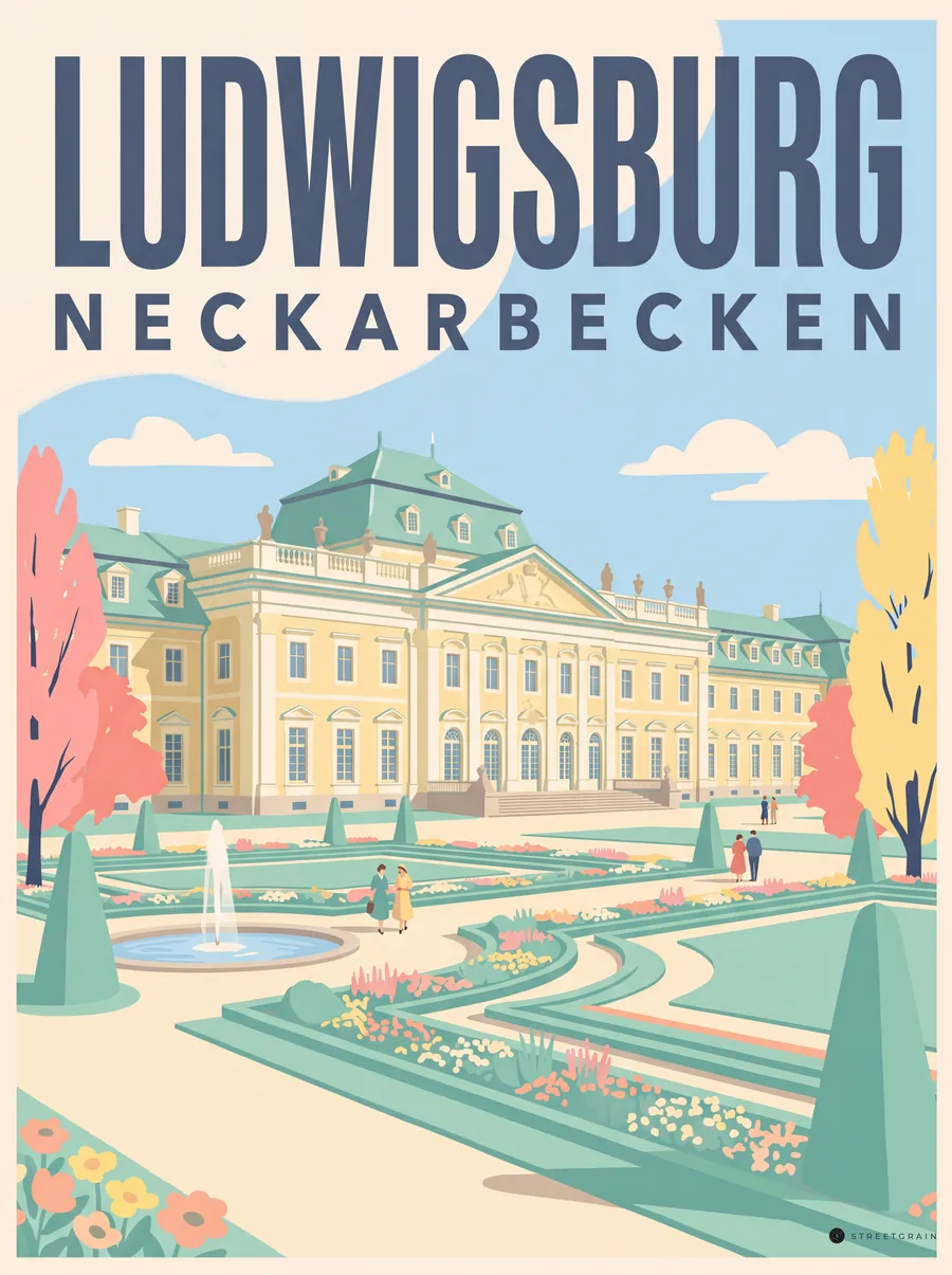 Ludwigsburger Residenzschloss mit Barockgarten und Springbrunnen, Mid-Century