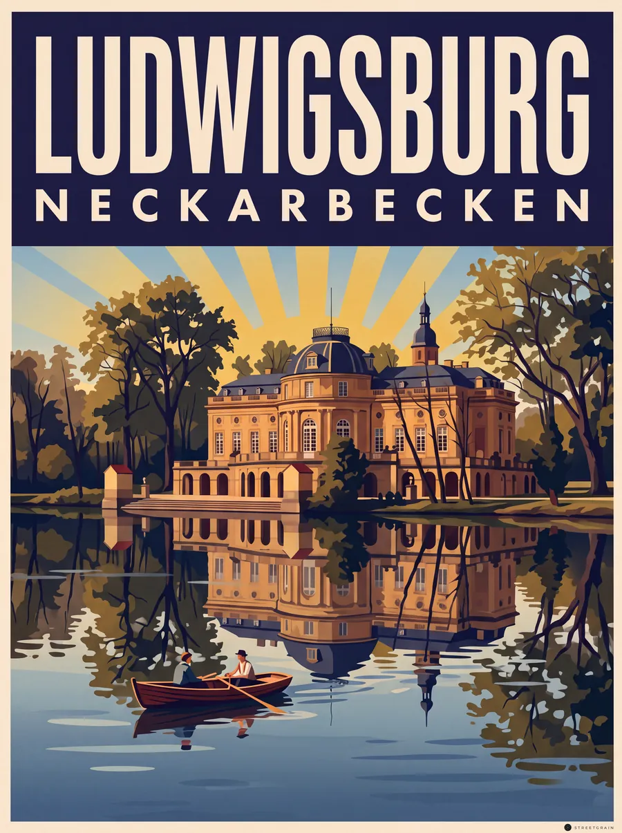 Seeschloss Monrepos in Ludwigsburg, im See gespiegelt, Art déco