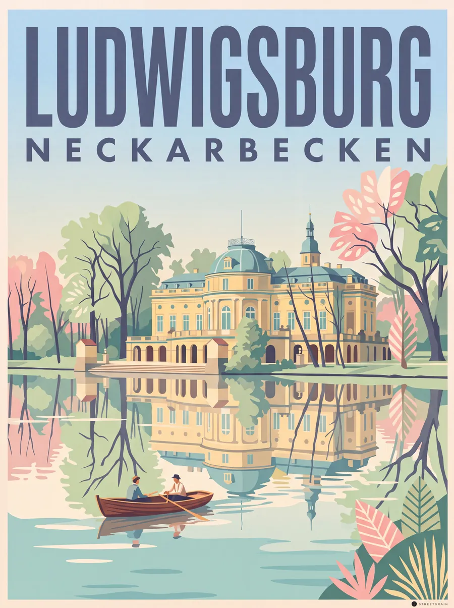 Seeschloss Monrepos in Ludwigsburg, im See gespiegelt, Mid-Century
