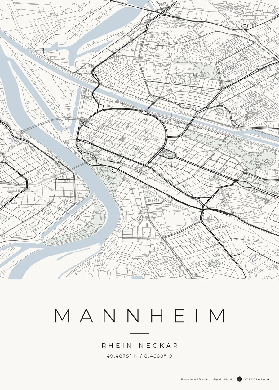 Mannheim-Karte in dunkle Straßen auf Weiß