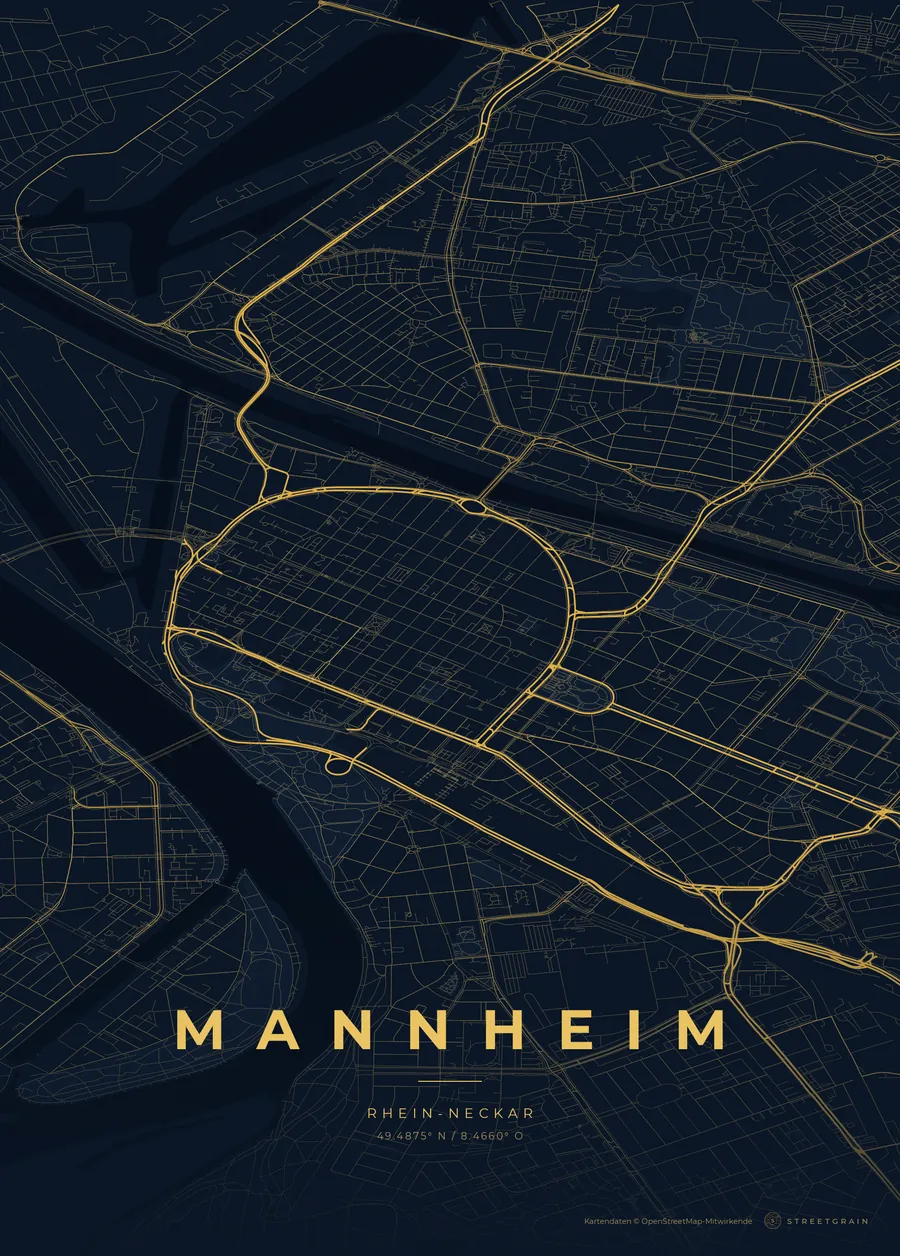 Mannheim-Karte in Nachtblau mit goldenen Hauptstraßen