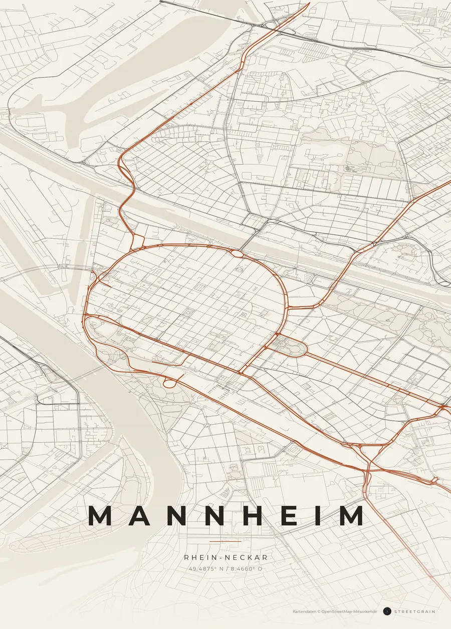 Mannheim-Karte in Papierweiß mit rostroten Hauptstraßen