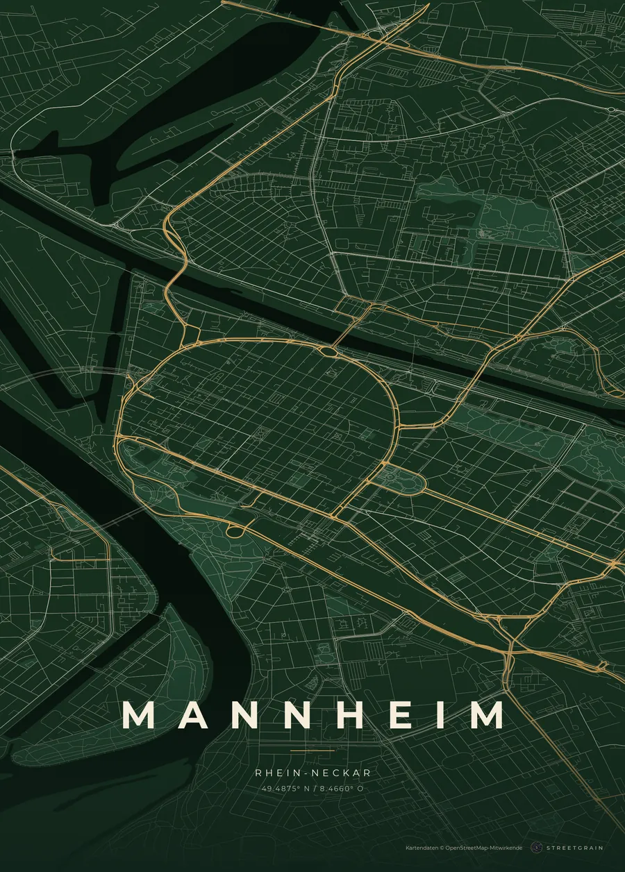 Mannheim-Karte in Schwarzwaldgrün mit cremefarbenen Straßen