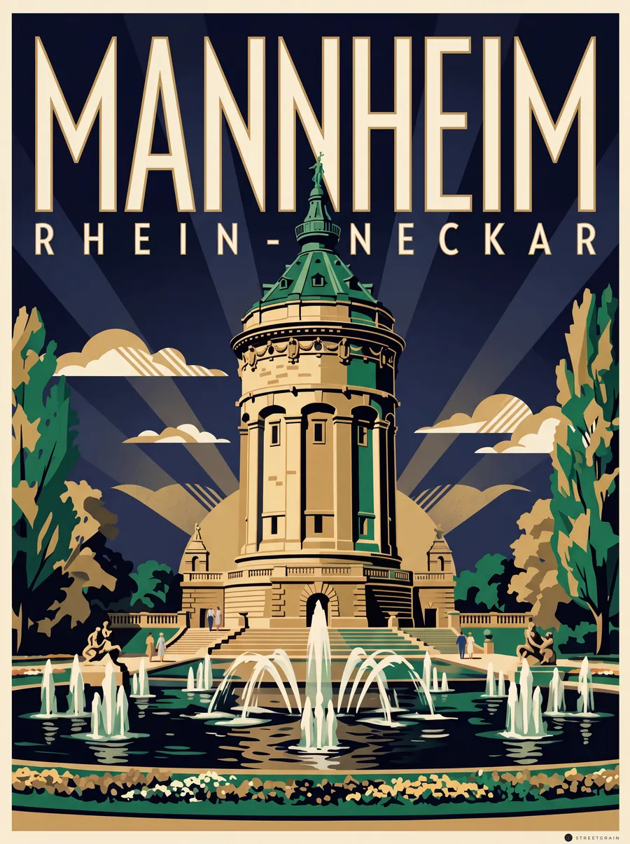 Mannheimer Wasserturm mit Fontänen und Blumenbeeten, Art déco